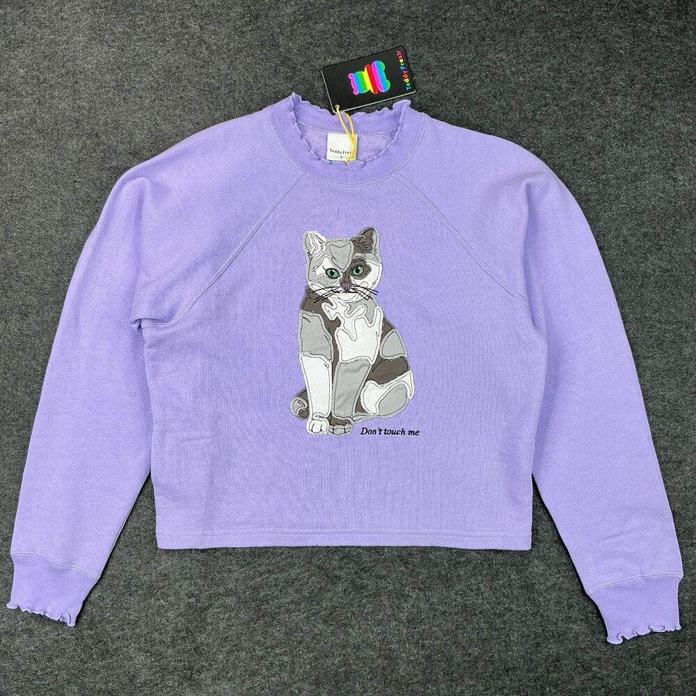 Teddy Fresh Cat Sweatshirt S Purple Don’t Touch Me Embroidered Applique Crewneck